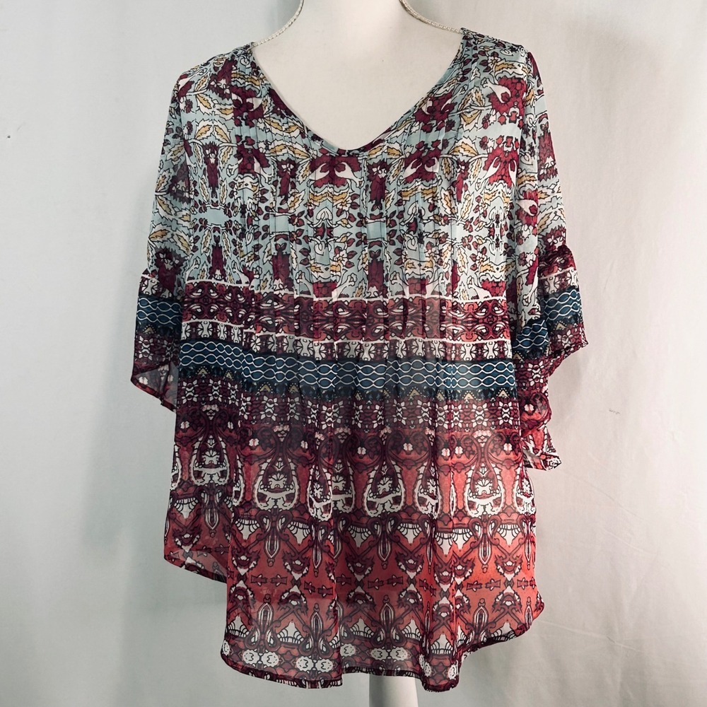 Style&co Womens Small Sheer Boho Paisley Pintuck V-Neck Bell Sleeve Blouse Top
